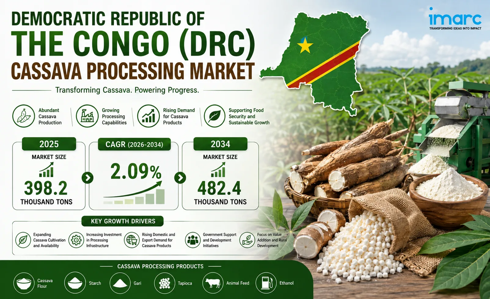 Democratic Republic of the Congo (DRC) Cassava Processing Market Size Projected to Reach 482.4 Thousand Tons by 2034 with a CAGR of 2.09%