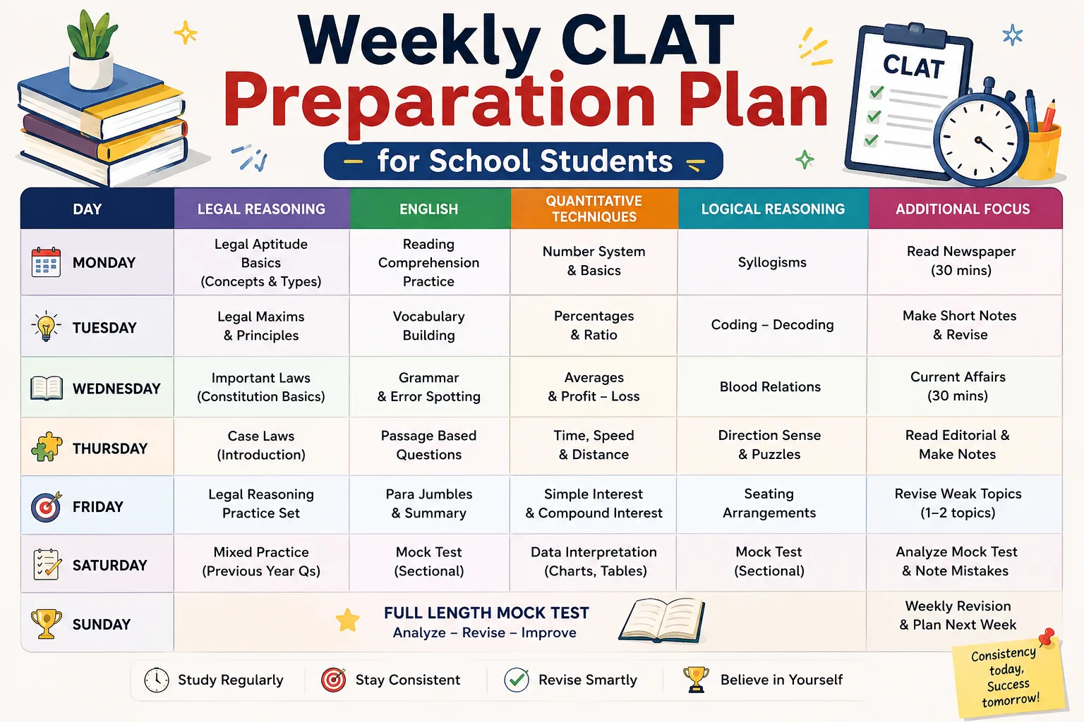 Weekly CLAT Preparation Plan for School Students