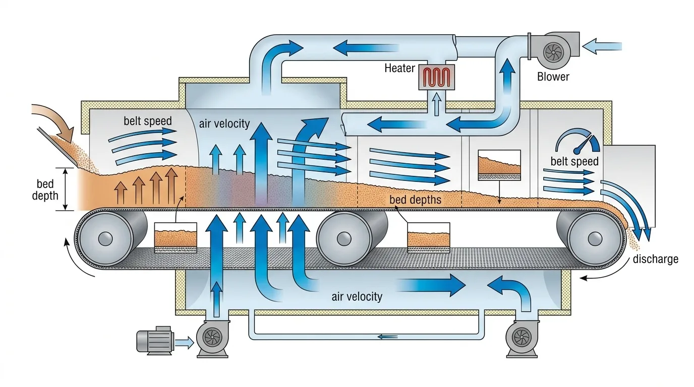 How Bed Depth, Belt Speed, and Air Velocity Interact in Continuous Band Drying