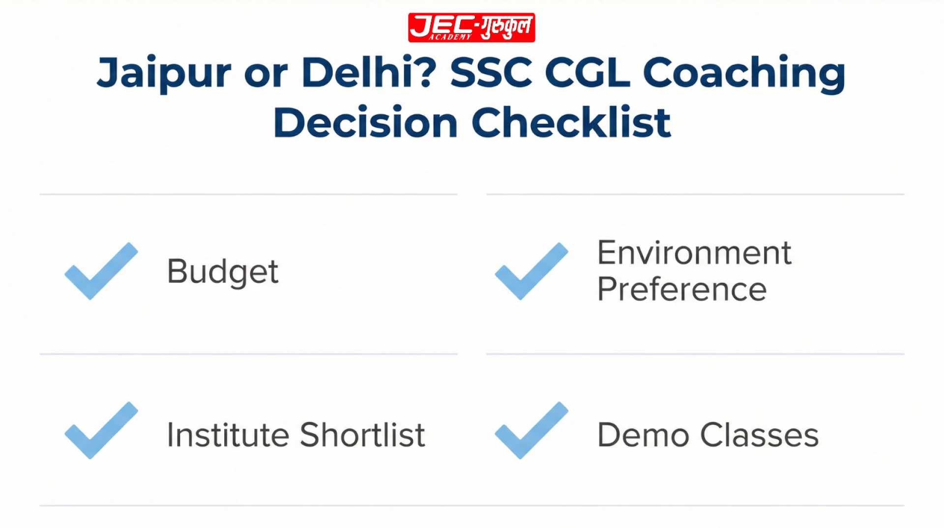 Decision checklist for choosing between Jaipur or Delhi for SSC CGL coaching preparation